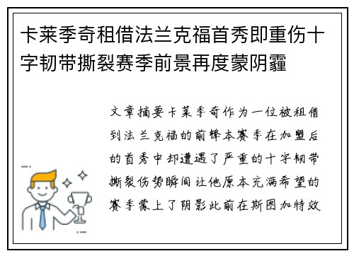 卡莱季奇租借法兰克福首秀即重伤十字韧带撕裂赛季前景再度蒙阴霾 卡莱季奇租借法兰克福首秀即重伤十字韧带撕裂赛季前景再度蒙阴霾