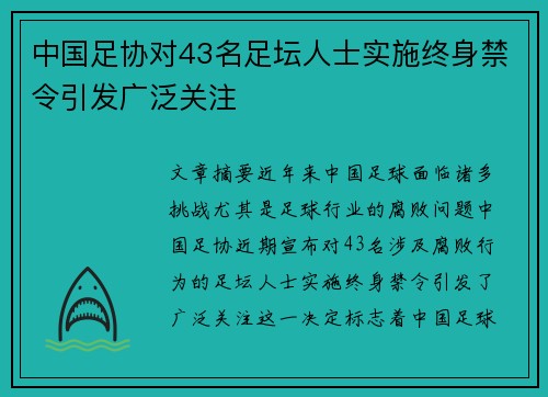 中国足协对43名足坛人士实施终身禁令引发广泛关注 中国足协对43名足坛人士实施终身禁令引发广泛关注