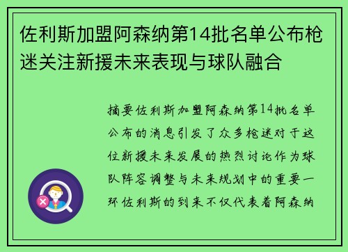 佐利斯加盟阿森纳第14批名单公布枪迷关注新援未来表现与球队融合